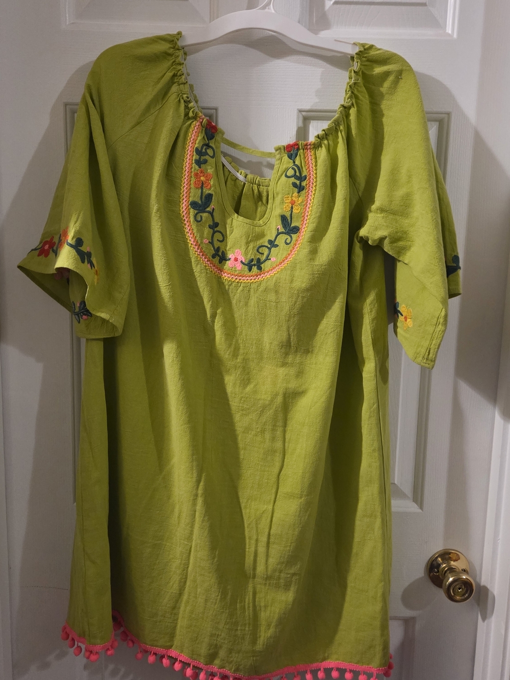 easel Olive Green Top with Pink Embroidery Trim
